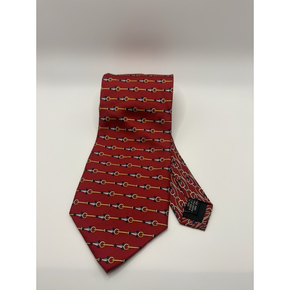 Vintage Paolo Gucci Silk Tie Red Equestrian Horsebit Chain Print Designer Italy